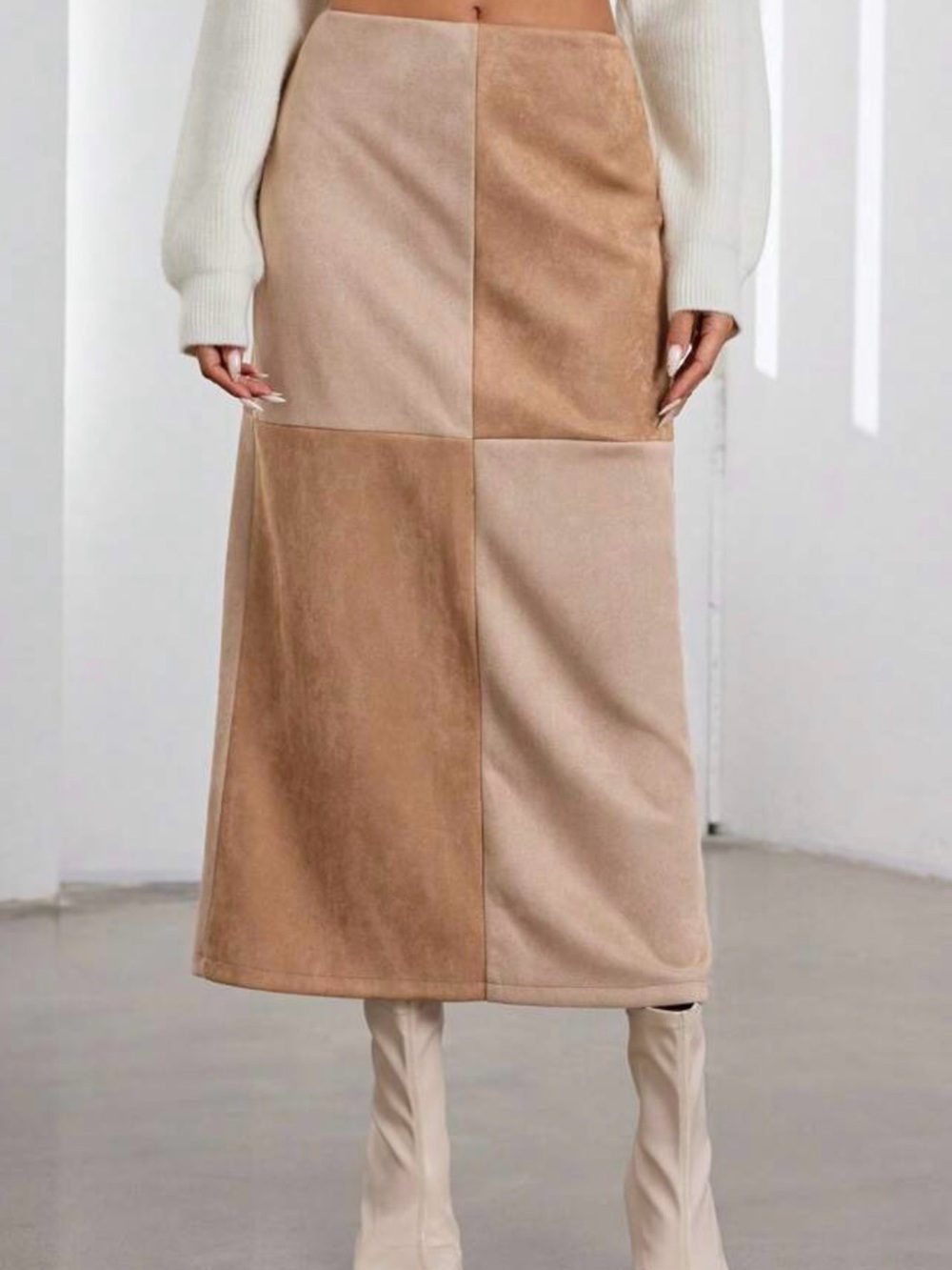 Patchwork Midi Skirt in Beige and Tan